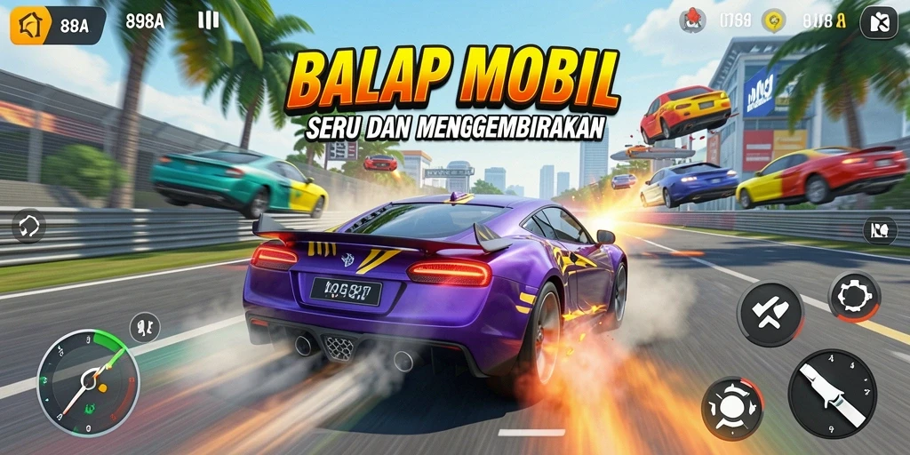 Tampilan gameplay menegangkan dalam 898A dengan mobil balap.