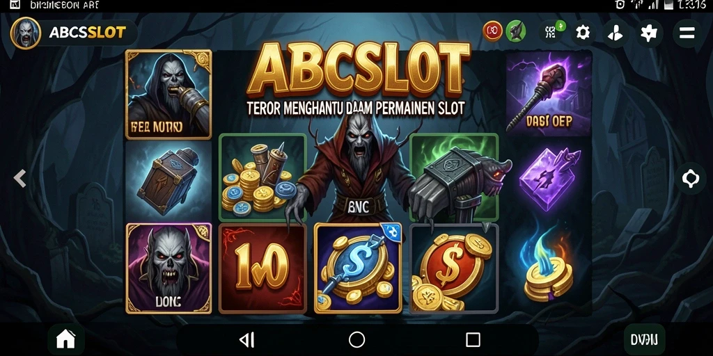 Tangkapan layar gameplay ABCSLOT menampilkan simbol horor dan atmosfer menakutkan.