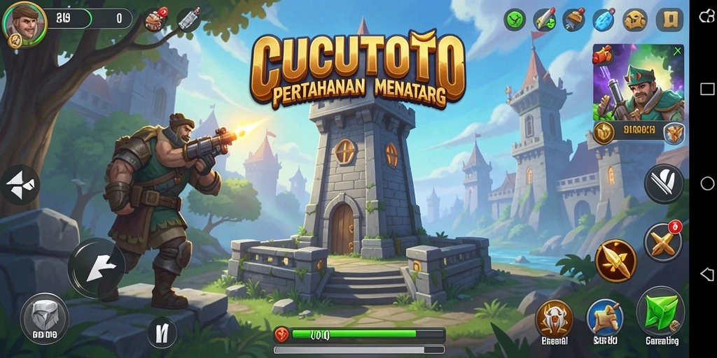 Tampilan gameplay CUCUTOTO dengan menara yang strategis.