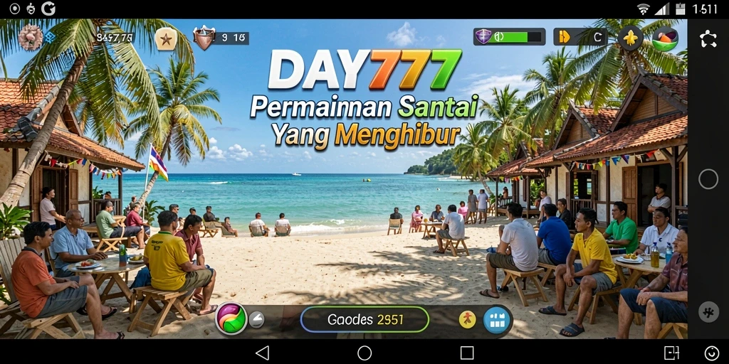 Screenshot utama DAY777 menampilkan gameplay santai yang menarik.