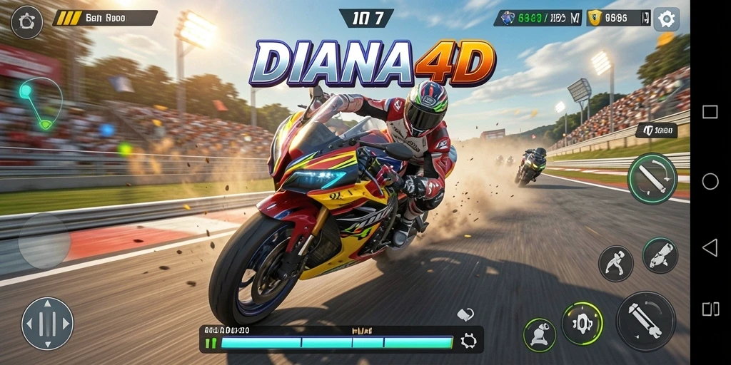 Screenshot gameplay DIANA4D menampilkan aksi balap motor yang mendebarkan.