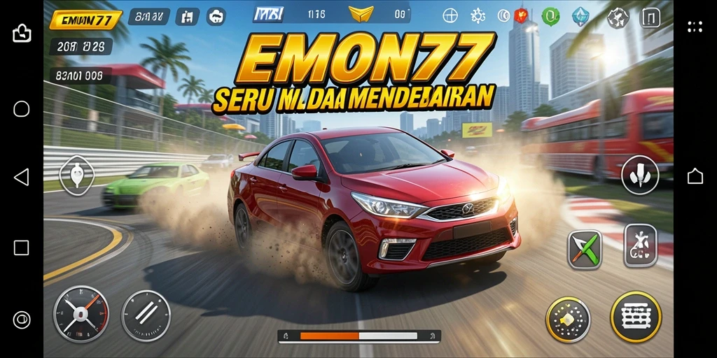 Screenshot menampilkan aksi balapan mendebarkan dari EMON77.