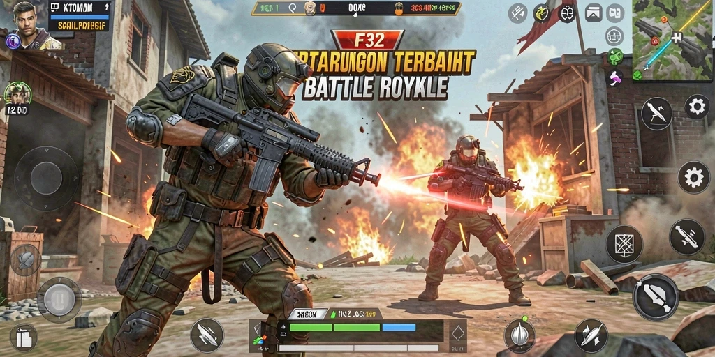 Tampilan aksi seru dalam gameplay F32, game Battle Royale yang mendebarkan.