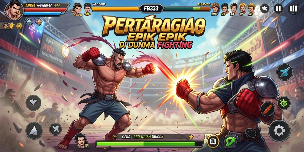 Tampilan gameplay FB333 saat karakter bertarung di arena spektakuler.
