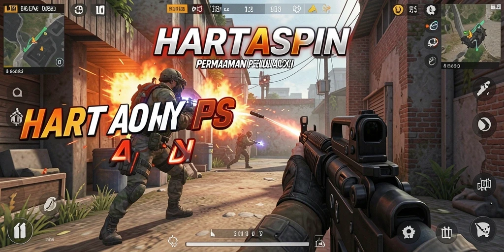 Gameplay mendebarkan dalam HARTASPIN dengan aksi FPS yang intens.