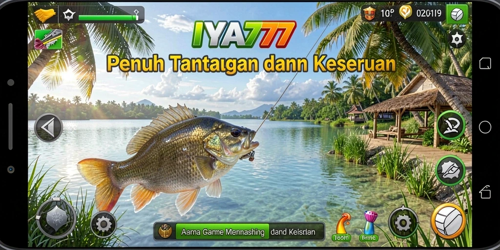Screenshot menunjukkan pemain aktif menangkap ikan besar di perairan yang indah.