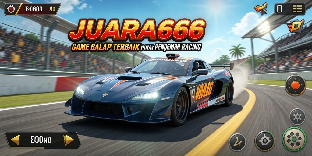 Tampilan gameplay menegangkan di JUARA666 dengan mobil balap cepat.