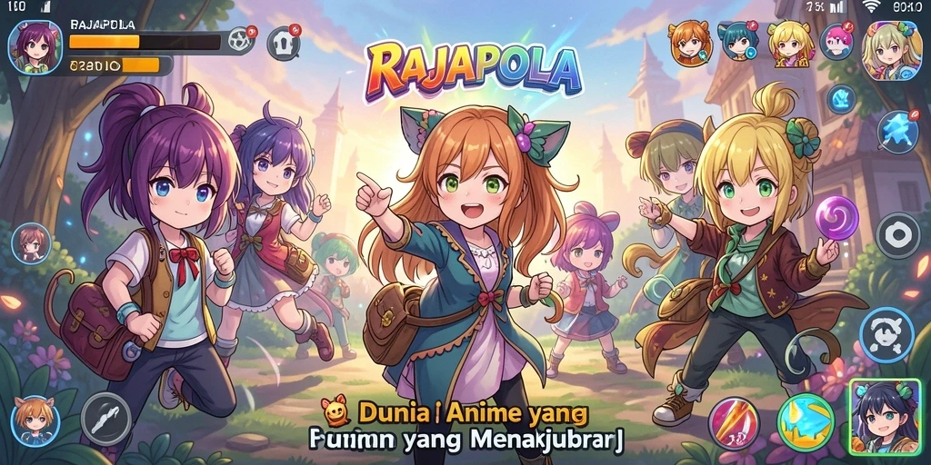 Screenshot utama RAJAPOLA menampilkan aksi karakter anime yang dinamis.