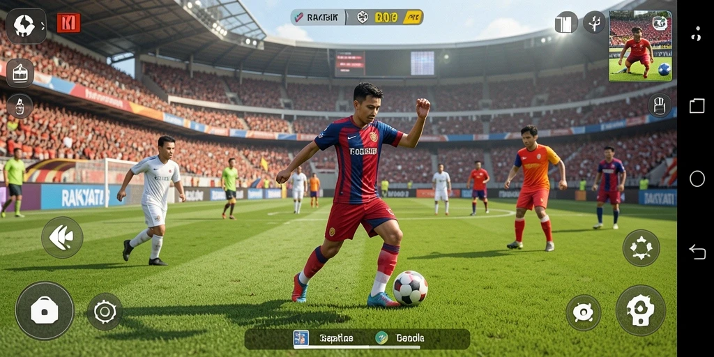 Screenshot RAKYATJP menampilkan aksi sepak bola yang mendebarkan.