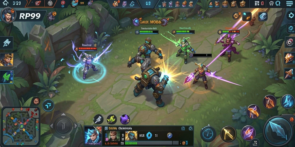Screenshot menunjukkan pertempuran intens dalam game MOBA.