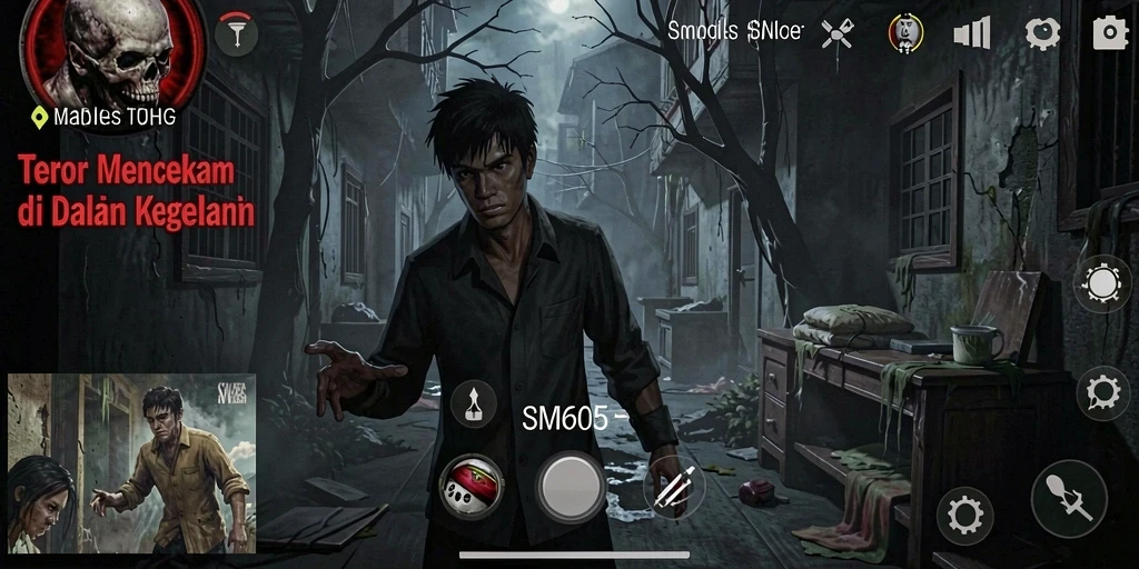 Screenshot utama SM605 menampilkan suasana mencekam dan gameplay yang intens.