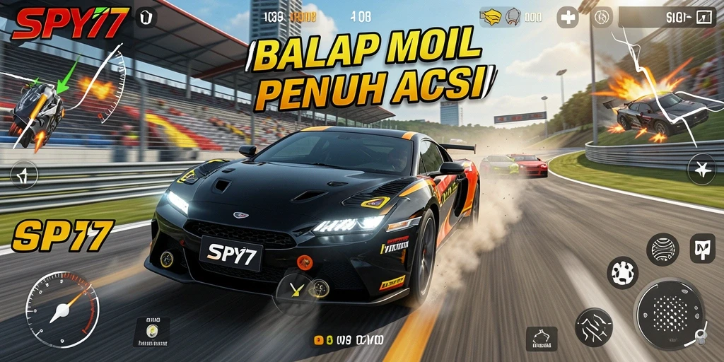 Tangkapan layar menunjukkan aksi balapan mendebarkan di SPY77.