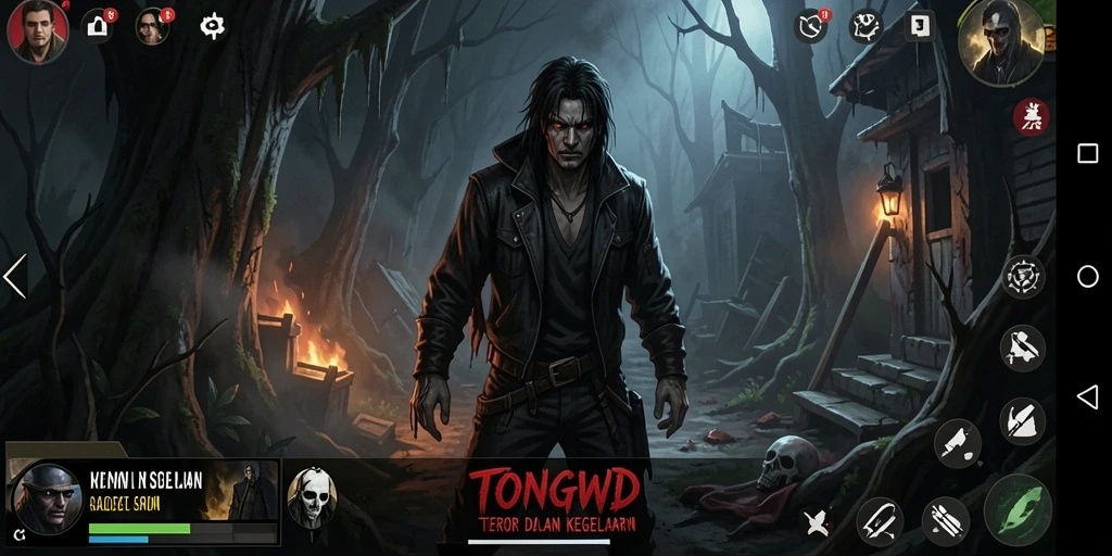Screenshot gameplay TONGWD menampilkan suasana mencekam dan karakter misterius.