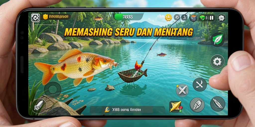 Gameplay memancing seru di X88 dengan berbagai lokasi dan ikan.